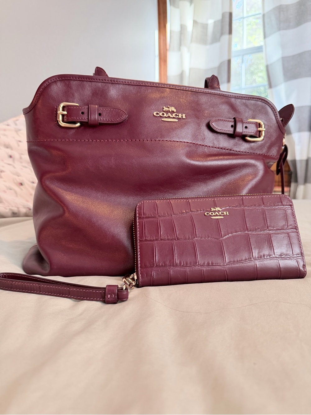 Coach Burgundy Leather Easton Tote with matching Croc-Embossed Zip Wallet